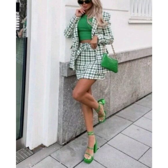 Zara Green Tweed Oversized Double Breasted Blazer Jacket Blogger’s Fave L Large - Picture 7 of 16